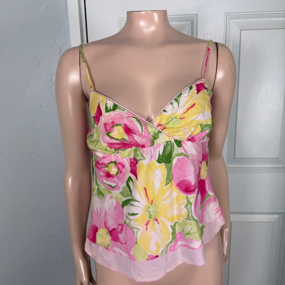 Vintage Y2K Charlotte Russe Shirt Medium Cotton Tank Top Floral Knit V neck J15